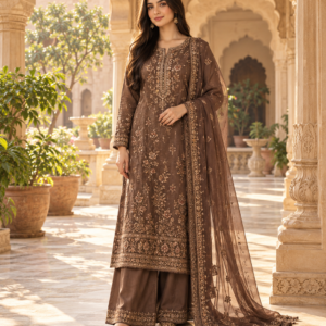 AI-generated demo editorial of a modest cocoa embroidered suit beneath warm sandstone arches; not actual NISA inventory
