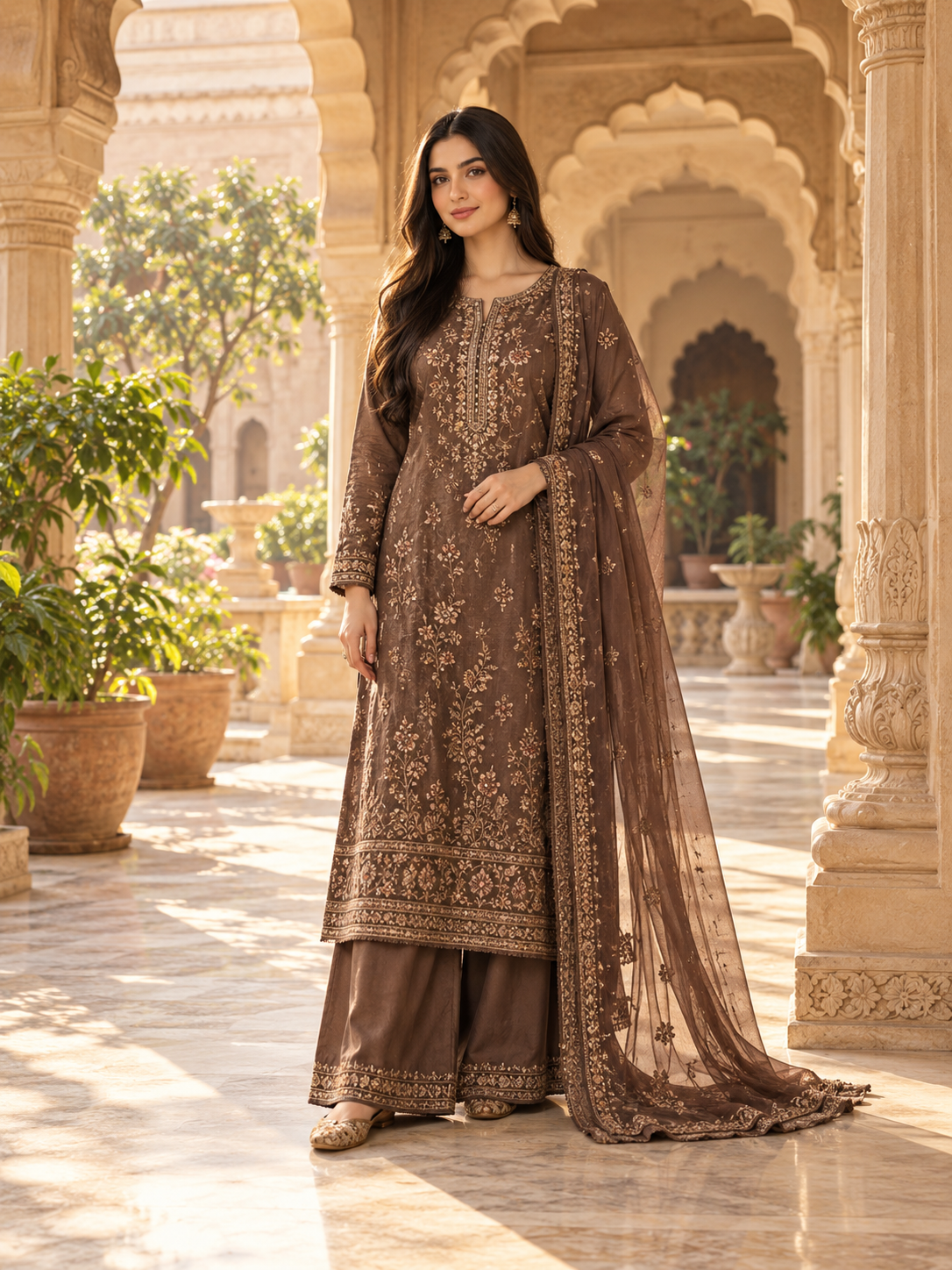 AI-generated demo editorial of a modest cocoa embroidered suit beneath warm sandstone arches; not actual NISA inventory