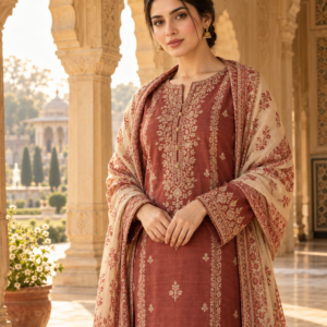 AI-generated demo editorial of a modest terracotta embroidered suit in a sandstone palace arcade; not actual NISA inventory