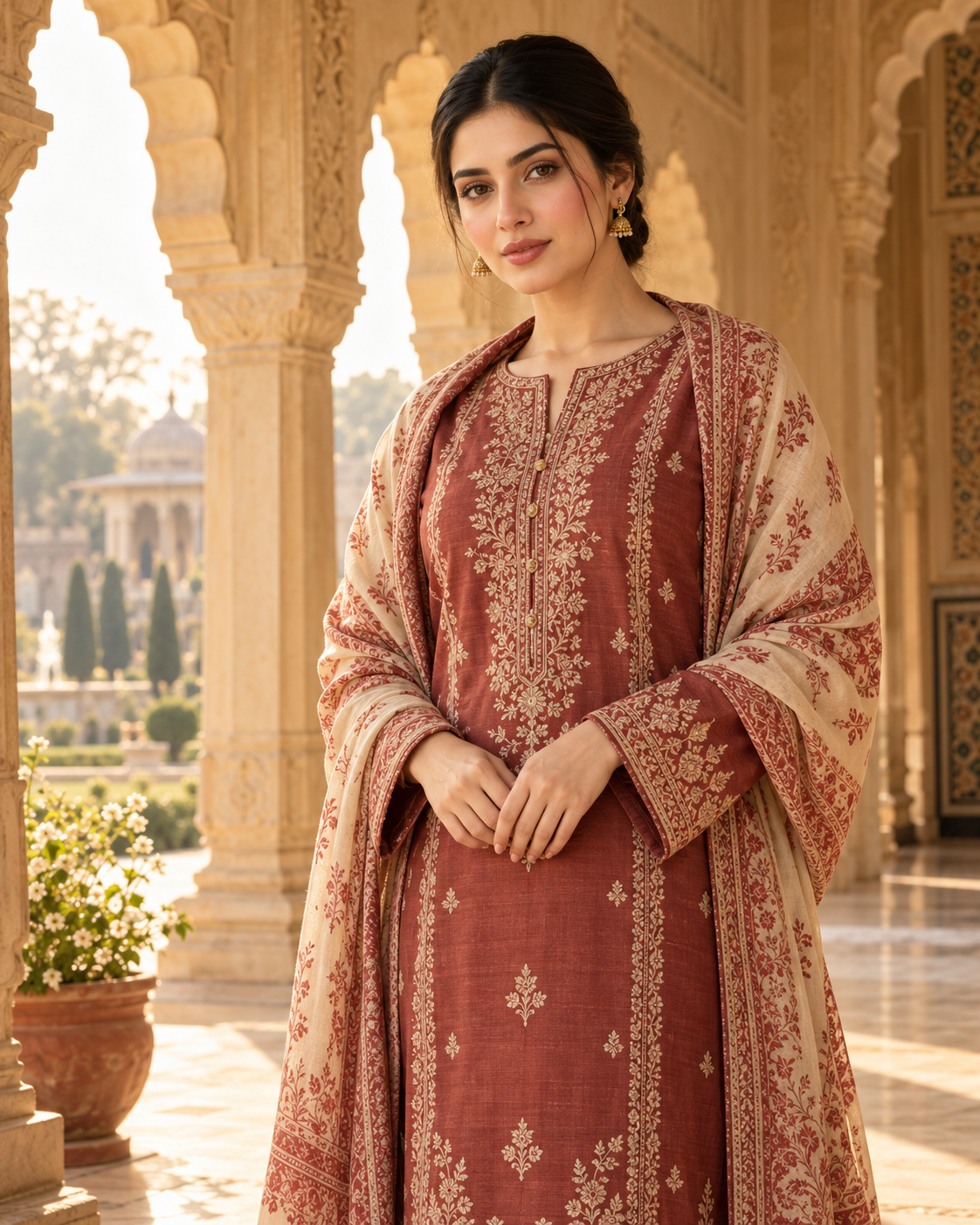 AI-generated demo editorial of a modest terracotta embroidered suit in a sandstone palace arcade; not actual NISA inventory